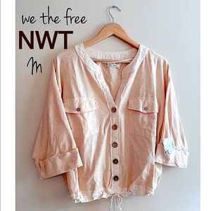 NWT (M) Free People lemonade slouchy cotton linen drawstring top we the free